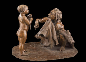 Anthropologist/Artist John Gurche's bronze sculpture of a Homo neanderthalensis mother and child in the David H. Koch Hall of Human Origins.