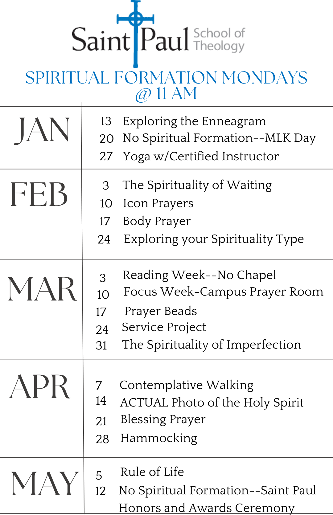 Spring 25 Spiritual Formation Schedule